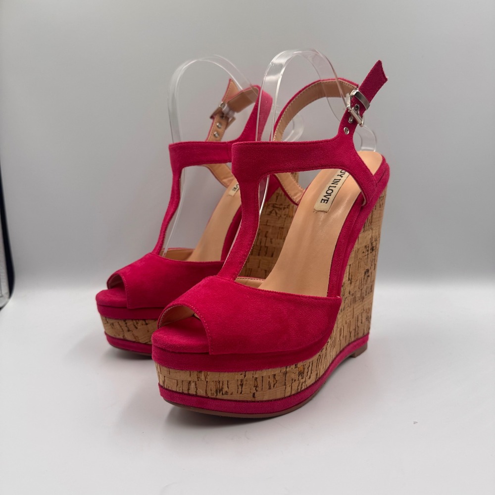 💕NEW JOY IN LOVE Hot Pink Suede Cork Wedge Platform Sandals T-Strap Size 9 NWOT